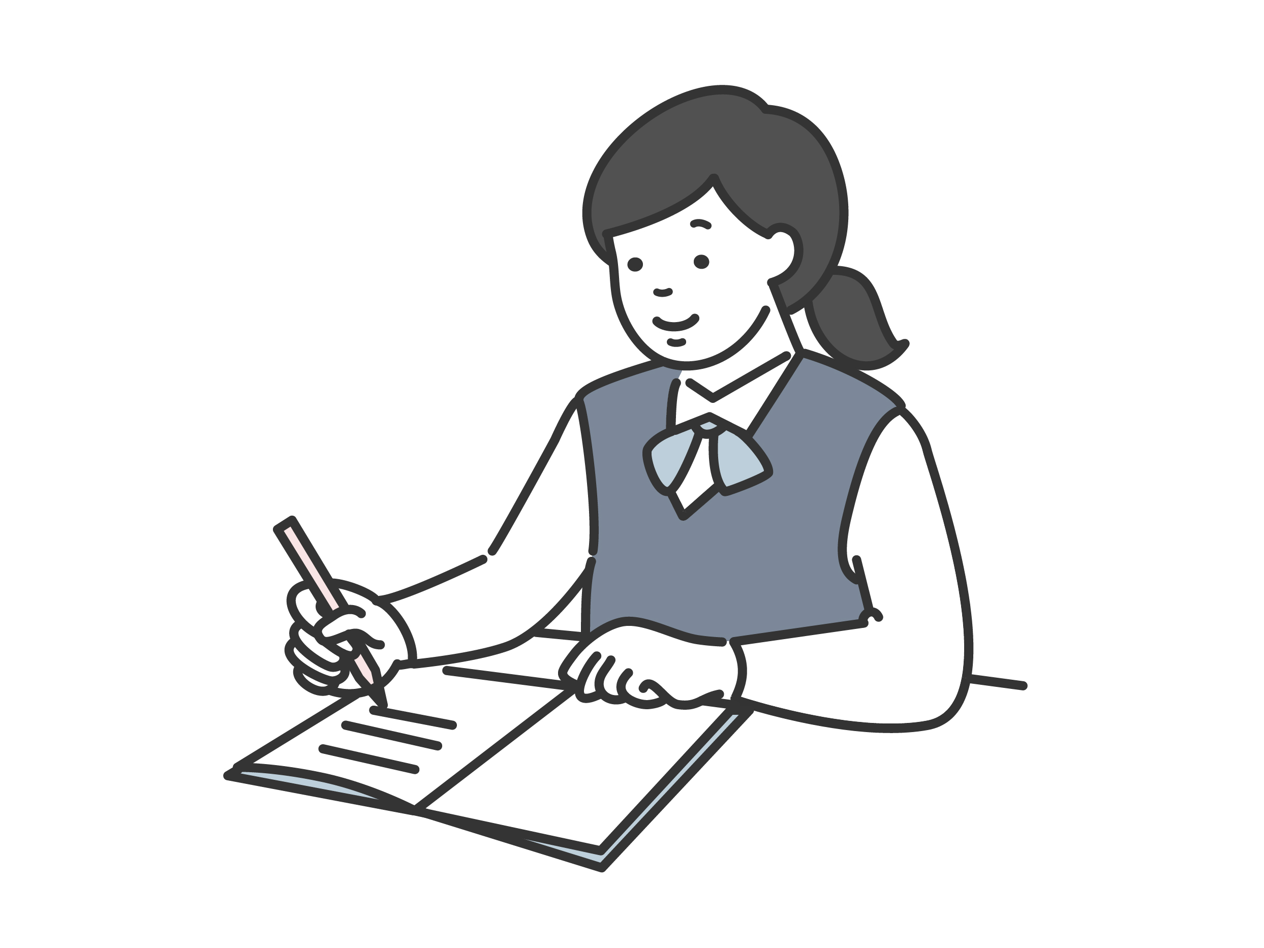 机に向かって答案に書き込む女子学生のイラスト